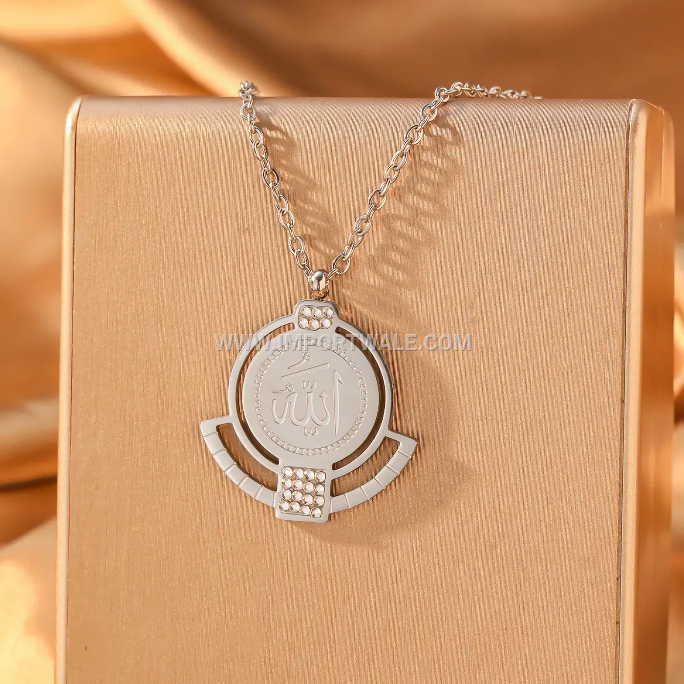 Stainless Steel Cubic Zirconia Allah Medallion Pendant Necklace