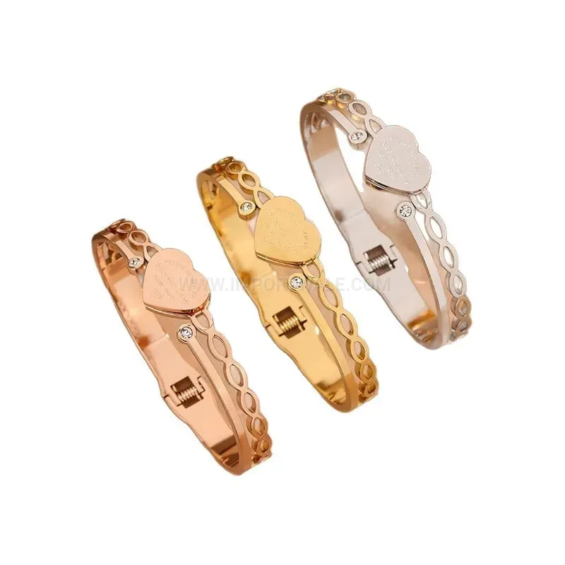 Bold Titanium Steel Heart Engraved Open Bangle Bracelet