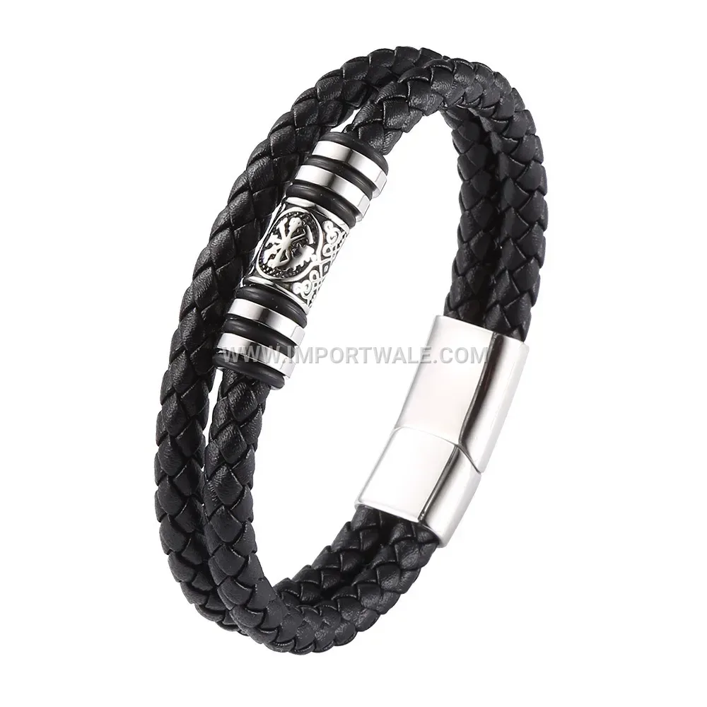 Woven Leather Bracelet with Stainless Steel Hardware