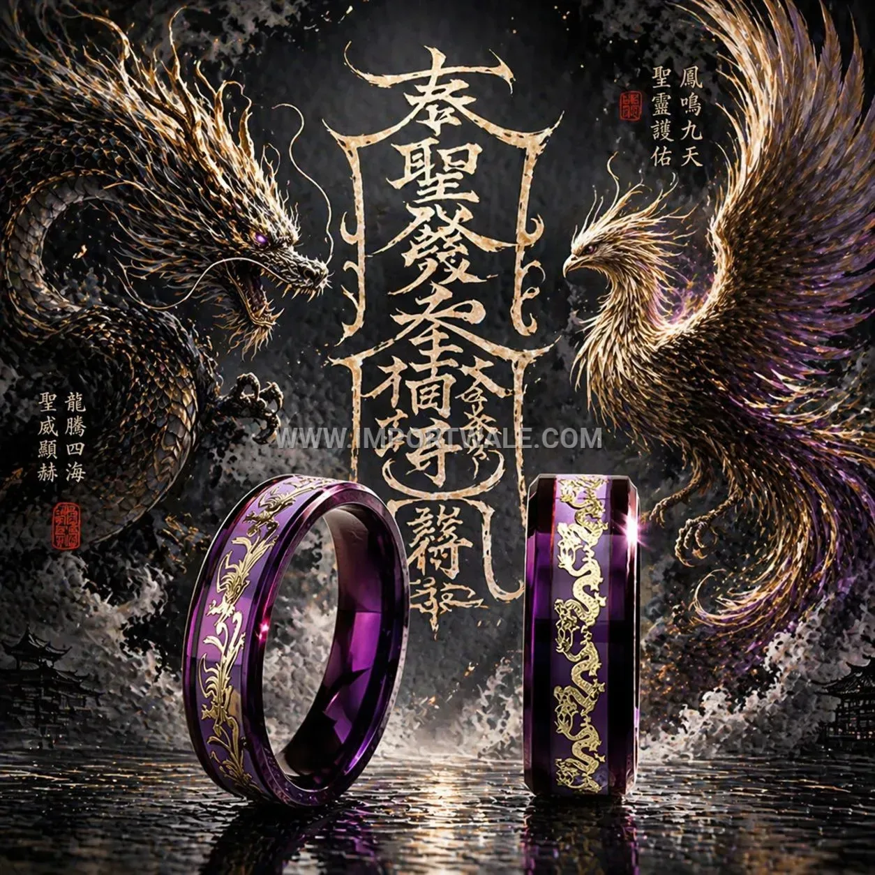 Stainless Steel Dragon and Phoenix Engraved Vacuum Plated Band Ring