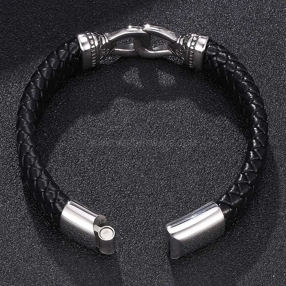 Vintage Totem Stainless Steel and Woven Black Leather Men Bracelet