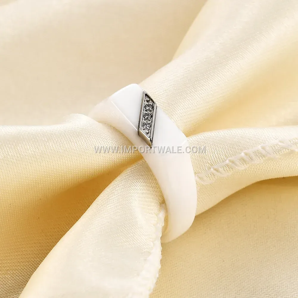 Beveled Edge Cubic Zirconia Accent Ceramic Couple Ring