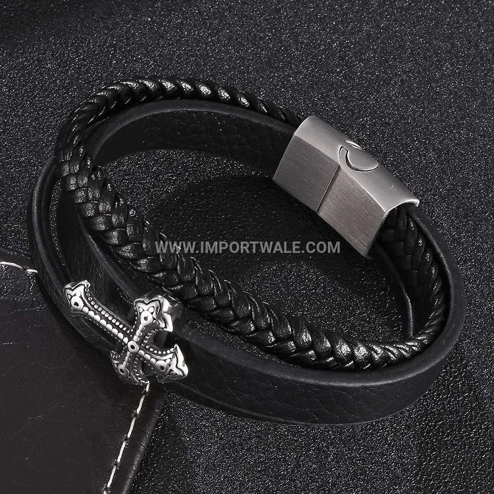 Braided Leather Multi Strand Bracelet with Stainless Steel Cross Clasp