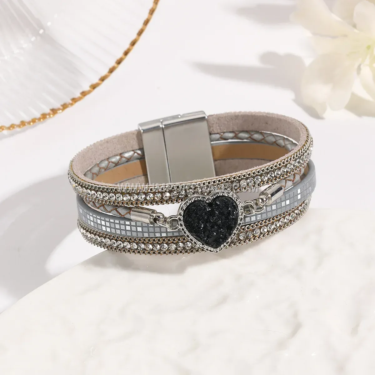 Handwoven Heart Crystal Leather Beaded Bracelet