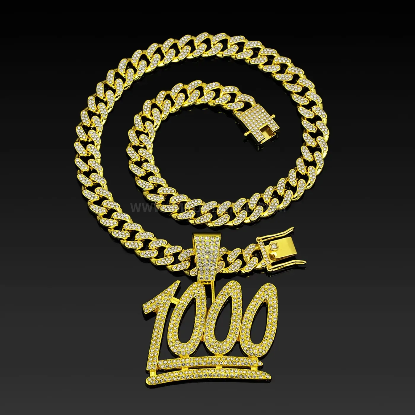 Designer Zinc Alloy Rhinestone 1000 Number Pendant Cuban Chain Necklace