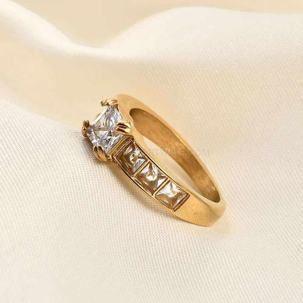 Trendy Gold Plated Stainless Steel Square Cubic Zirconia Ring