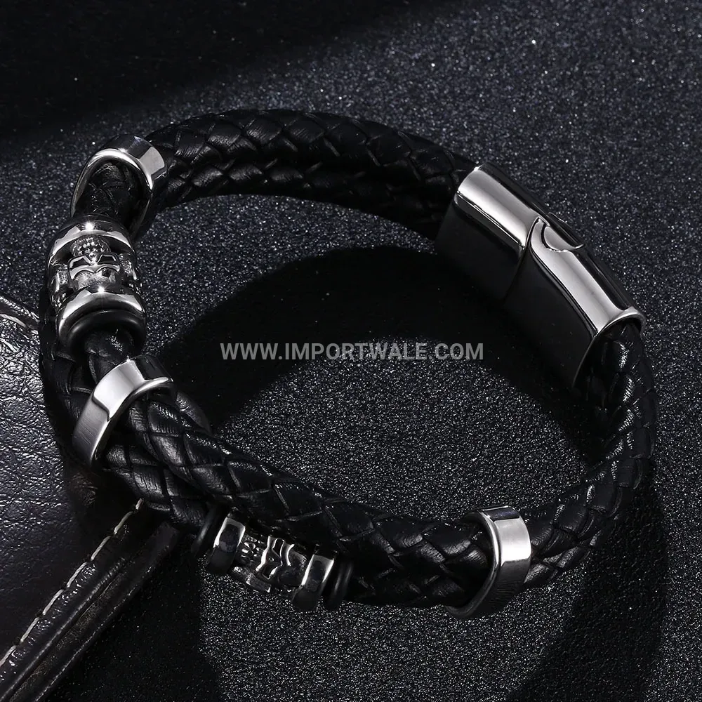 Dual Strand Leather Wrap Bracelet with Stainless Steel Magnetic Closure