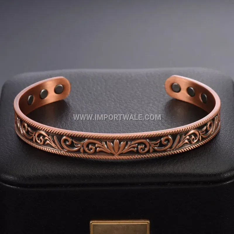 Retro Pure Red Copper Vine Textured Adjustable Magnetic Cuff Bracelet