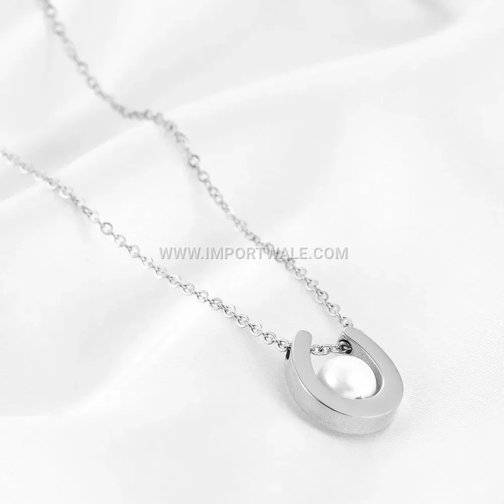 Horseshoe Horseshoe Pearl Accent Stainless Steel Pendant Necklace