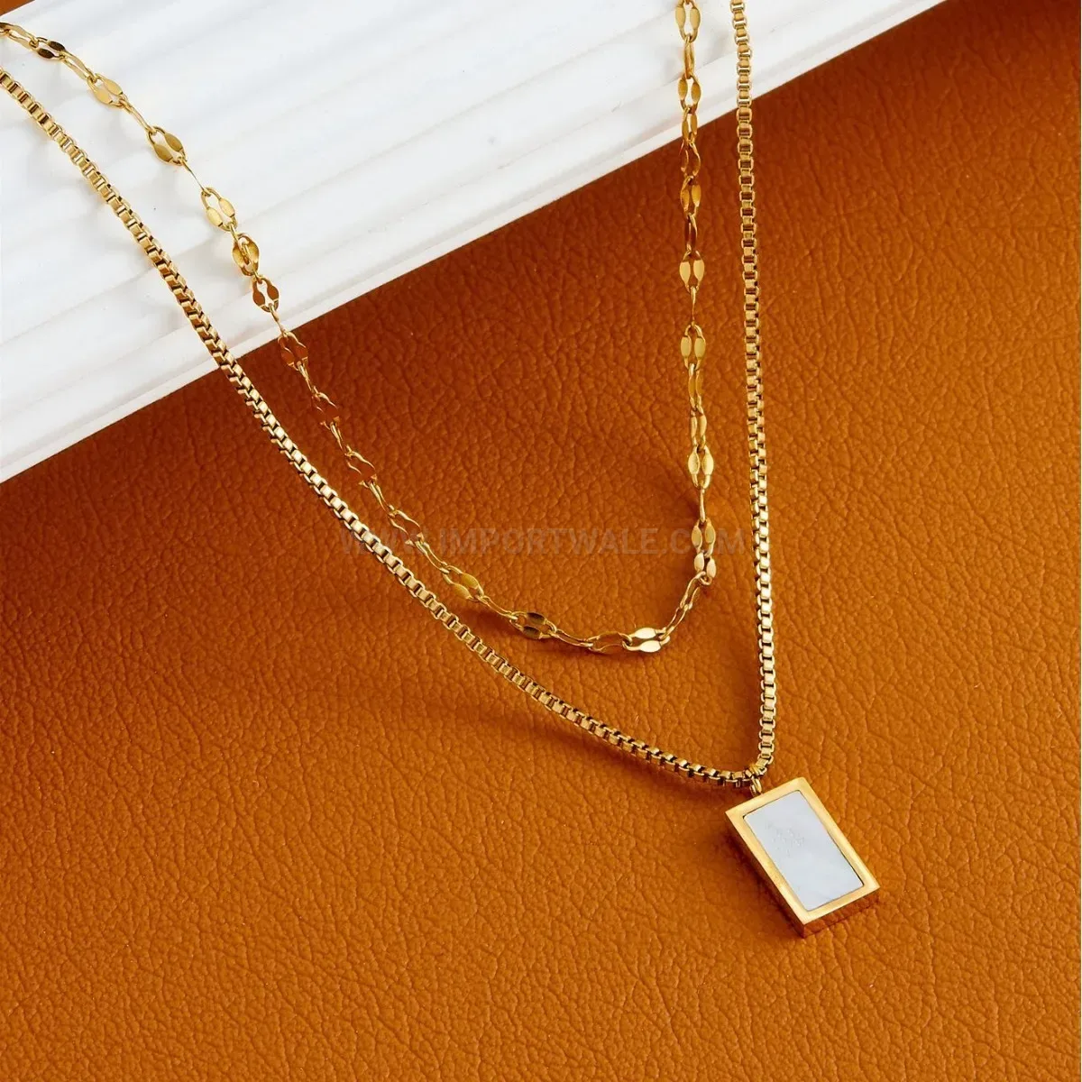 Designer Double Layer Geometric White Shell Titanium Steel Necklace