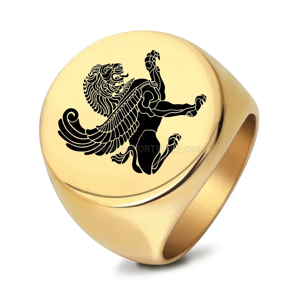 Designer Engraved Griffin Crest Stainless Steel Signet Ring