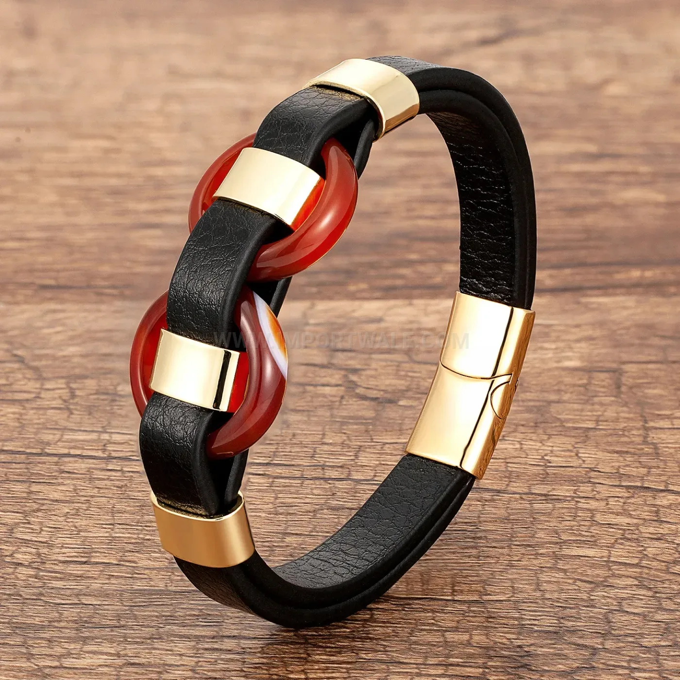 Braided Leather Stone Bead Bracelet with Stainless Steel Clasp