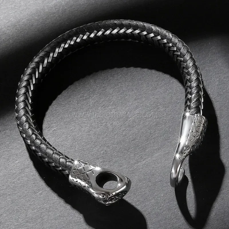 Handcrafted Snake Accent Stitched Microfiber Leather and Stainless Steel Wristband