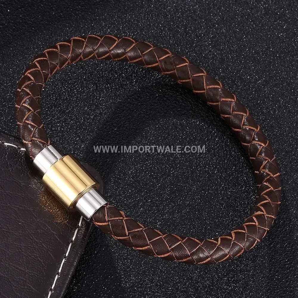 Two-Tone Stainless Steel and Braided Leather Coded Wrap Bracelet