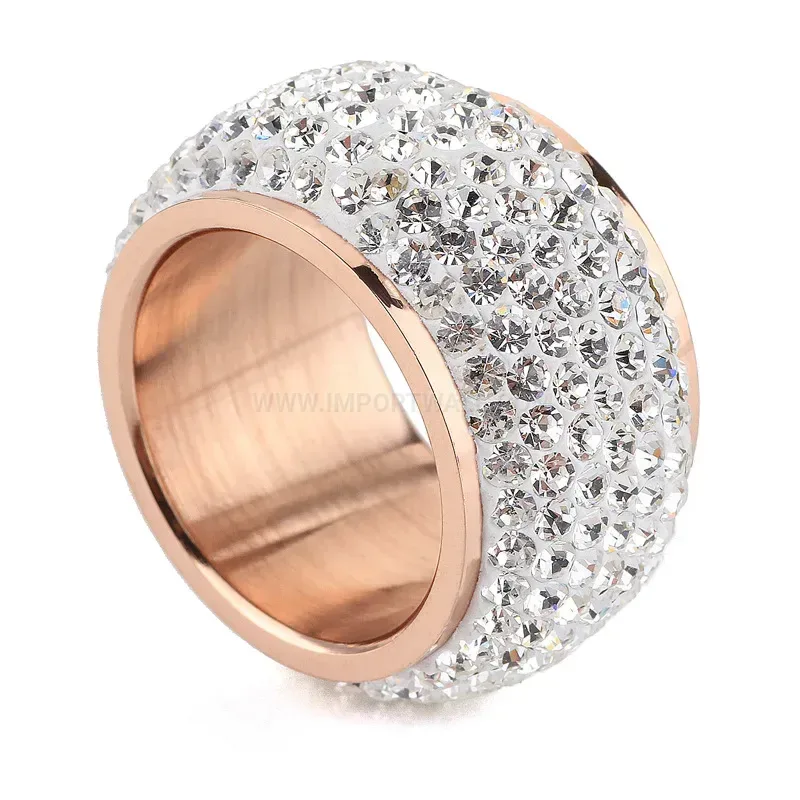 Seven Row Crystal Pave Stainless Steel Wide Ring