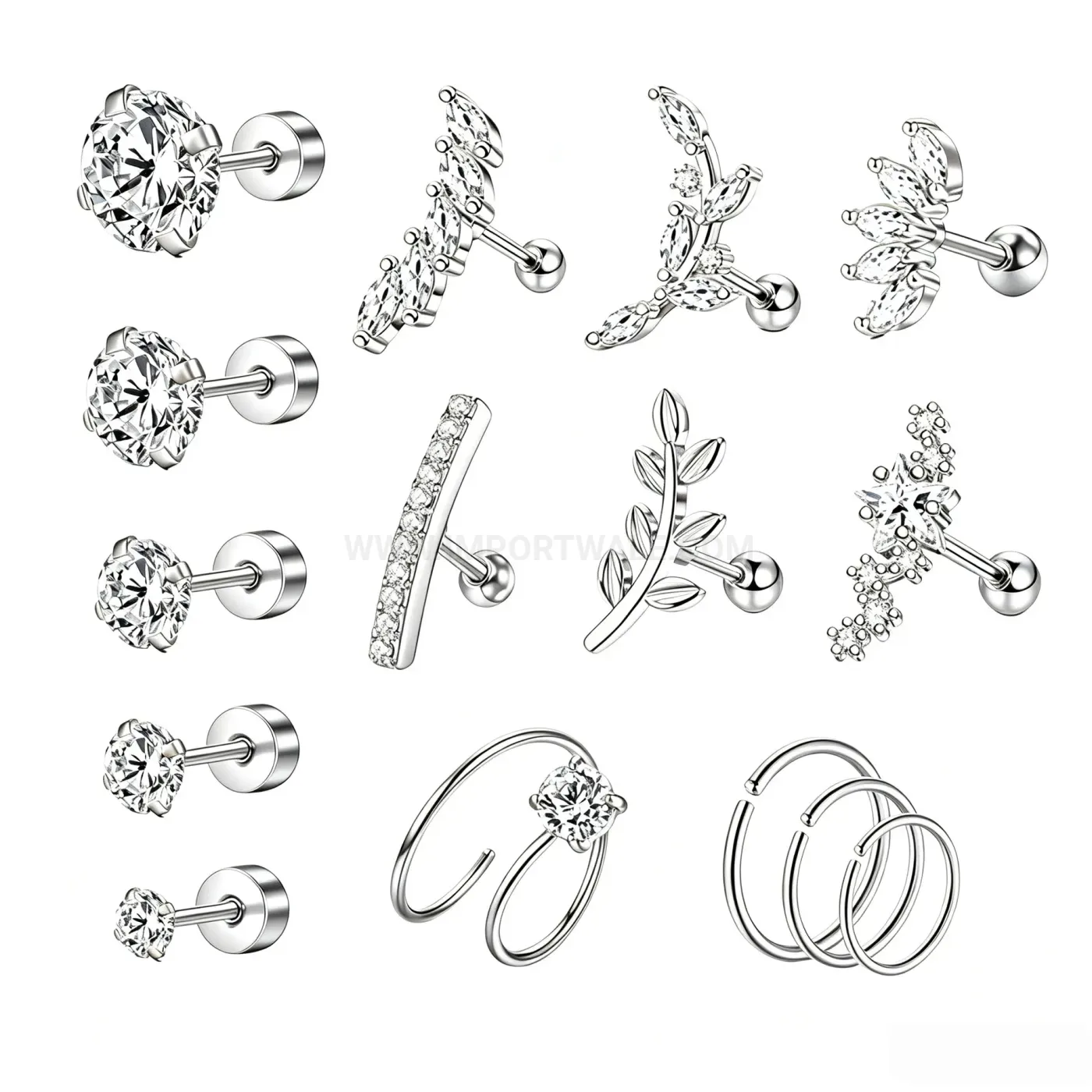 Elegant Rhinestone Flat Back Stainless Steel Screw Stud and Hoop Piercing Set