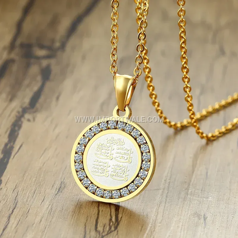 Arabic Calligraphy Stainless Steel Zircon Islamic Religious Pendant Necklace