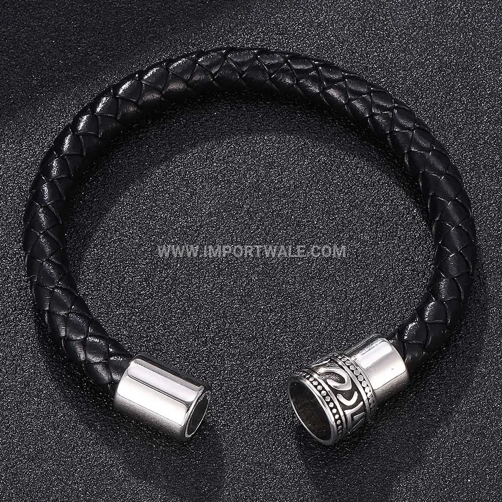 Vintage Braided Leather and Stainless Steel U-Shaped Men's Bracelet