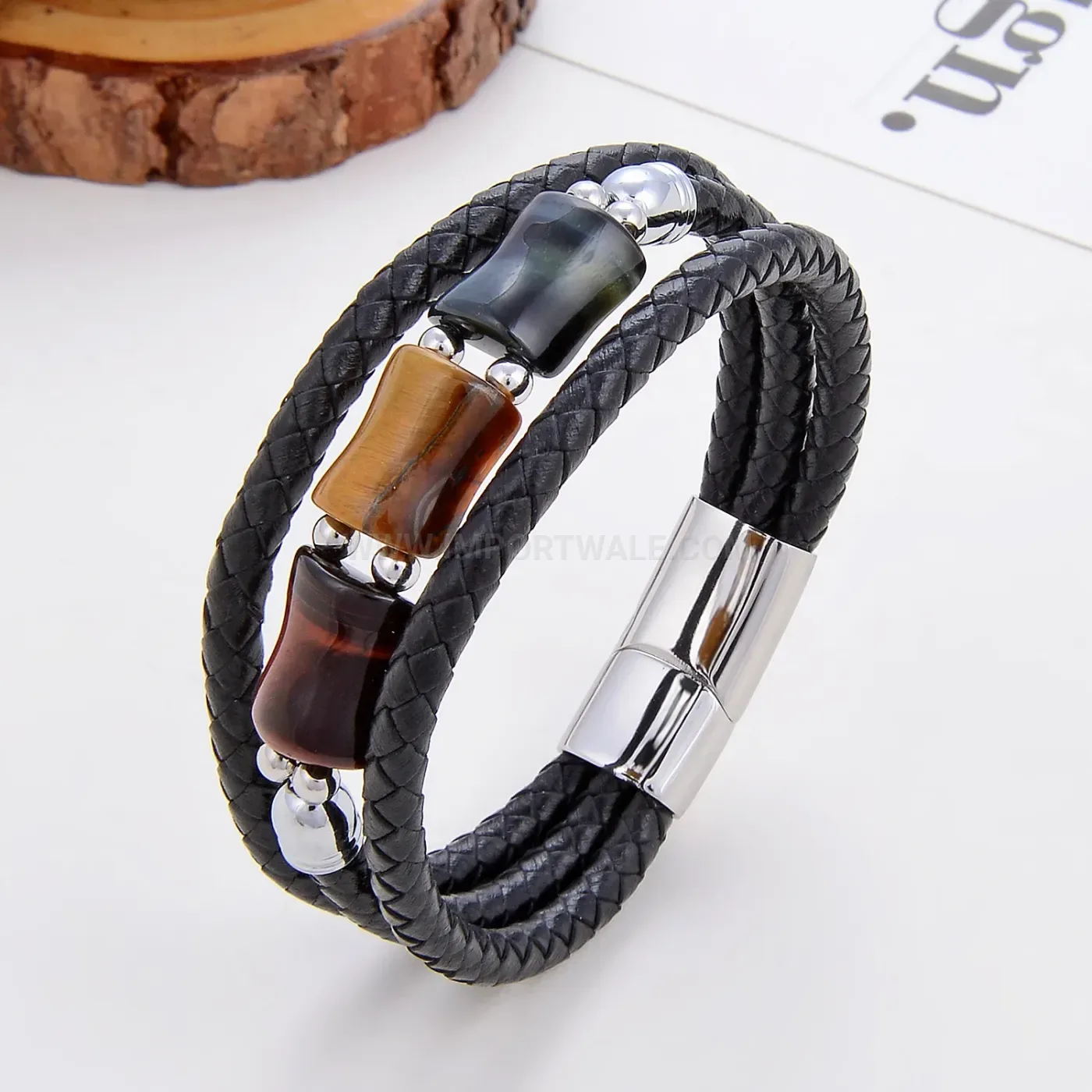 Woven Leather Bracelet featuring Stainless Steel Magnetic Clasp Accent Stone