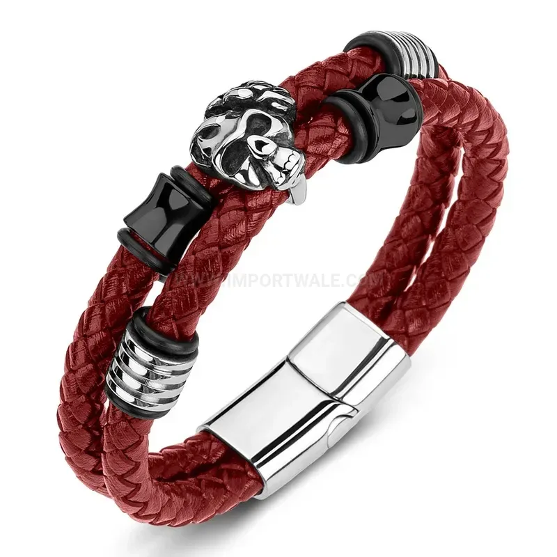Bold Stainless Steel Rose Skull Beaded Genuine Leather Bracelet Accent