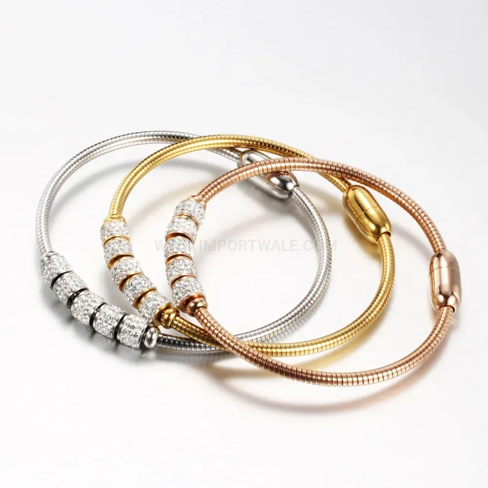 Classic Rhinestone Snake Chain Stainless Steel Bangle with Magnetic Clasp