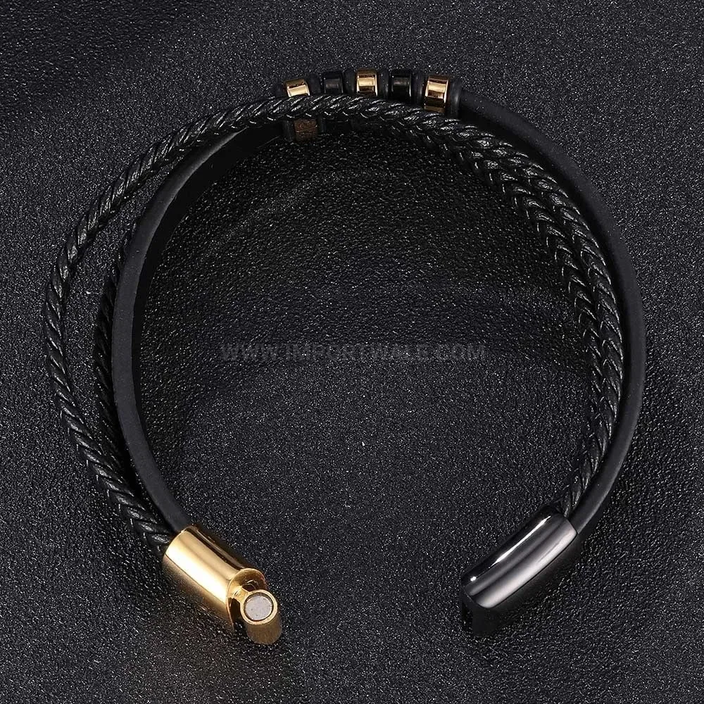 Multi Layer Woven Leather Bracelet with Stainless Steel Clasp