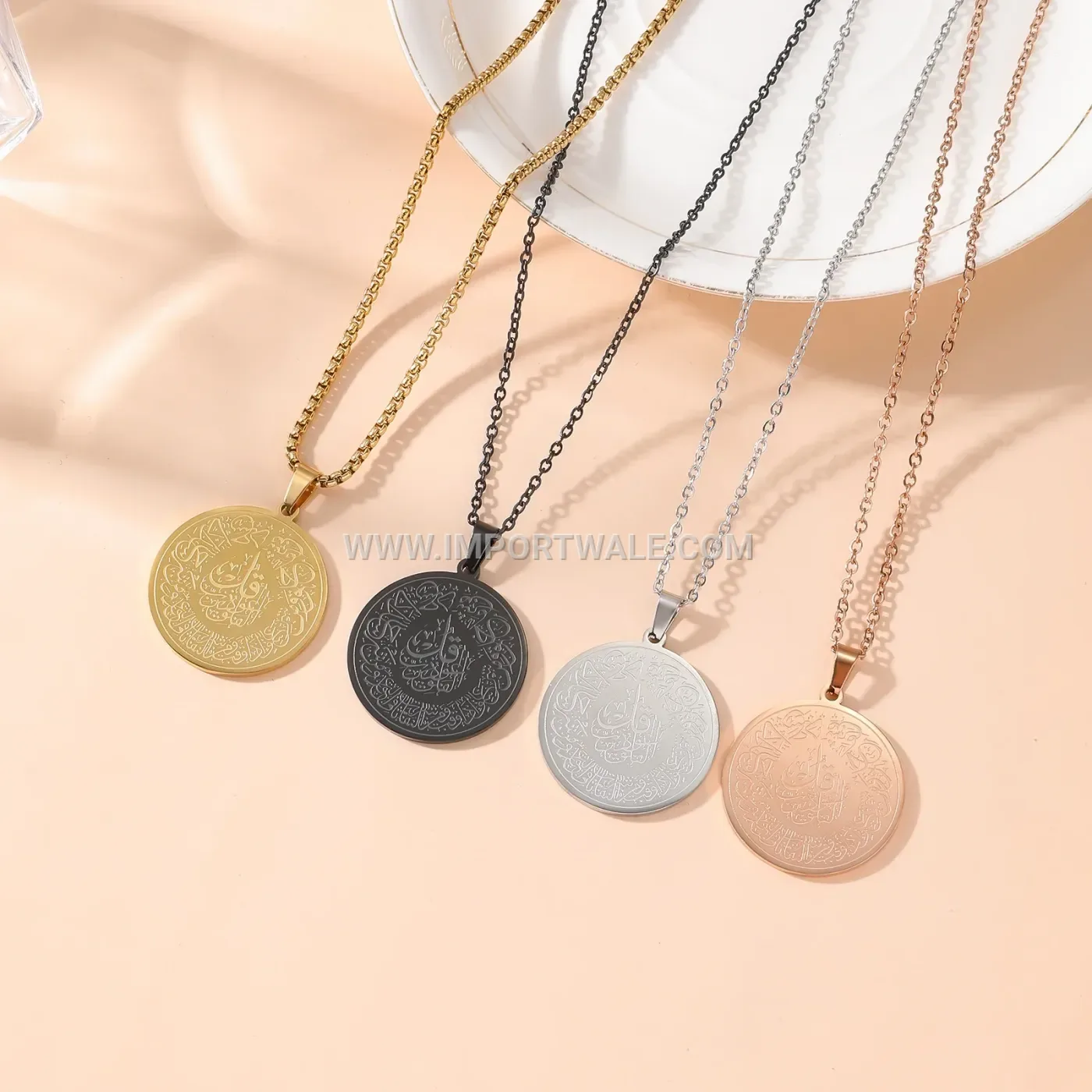 Classic Round Calligraphy Medallion Stainless Steel Necklace