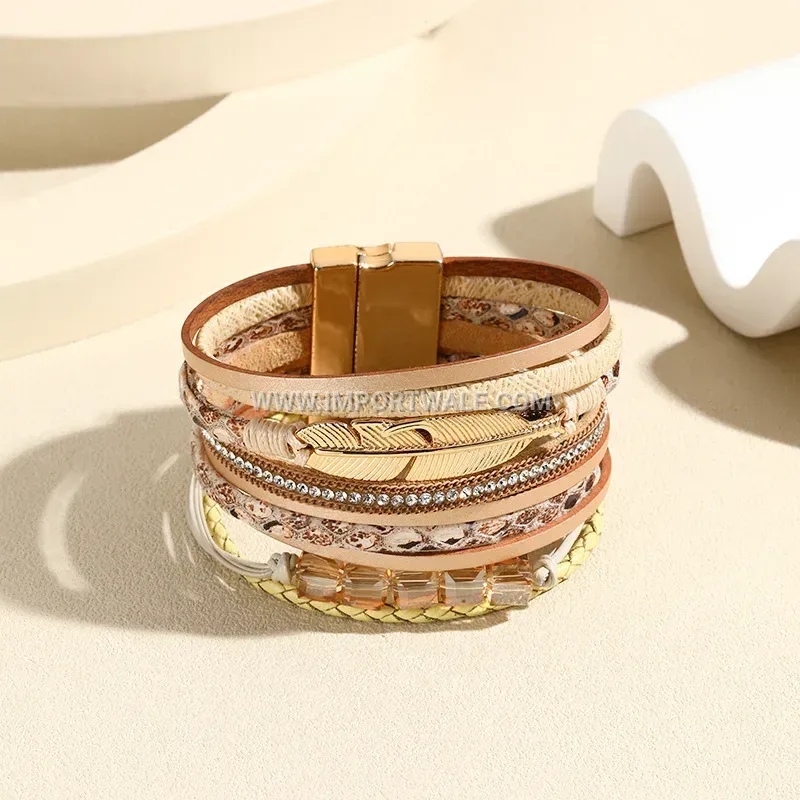 Bohemian Multi-Layer Wide Leather Feather Bracelet