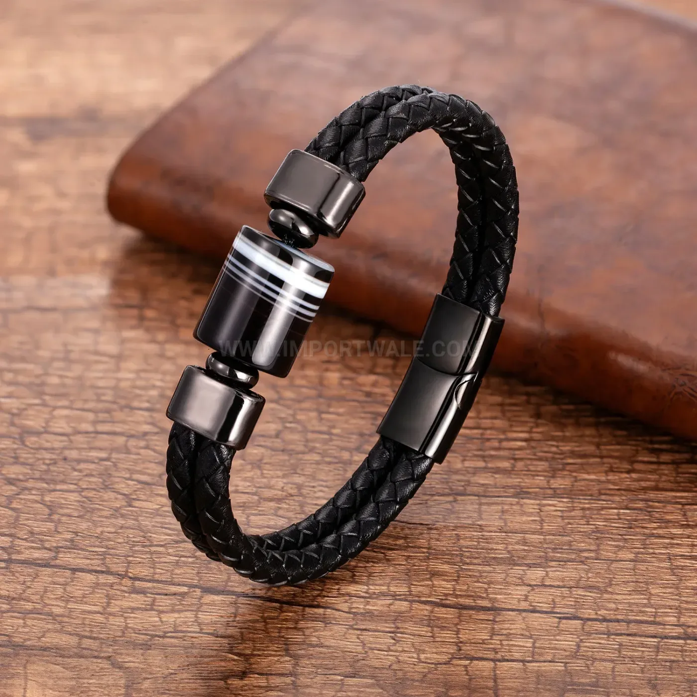 Woven Leather and Natural Stone Bracelet with Stainless Steel Clasp