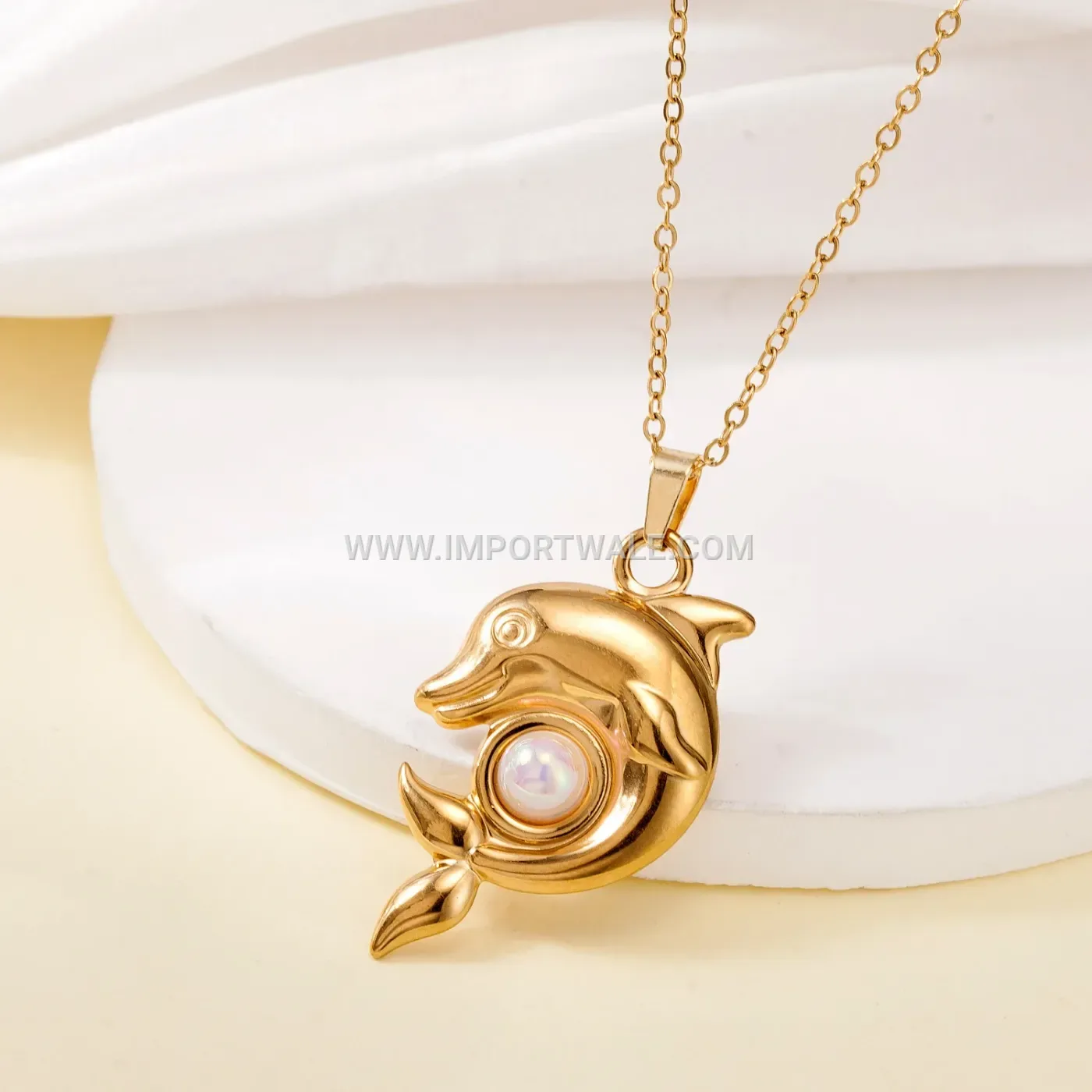 18K Gold Plated Stainless Steel Imitation Pearl Pendant Link Necklace