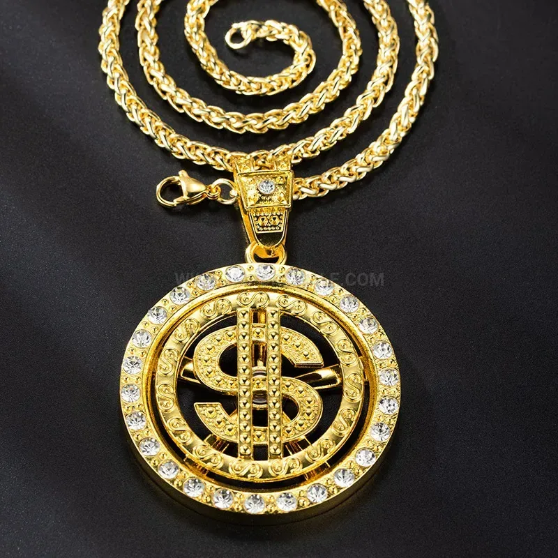 Stylish Spinning US Dollar Sign Pendant Zinc Alloy Men Hip Hop Necklace