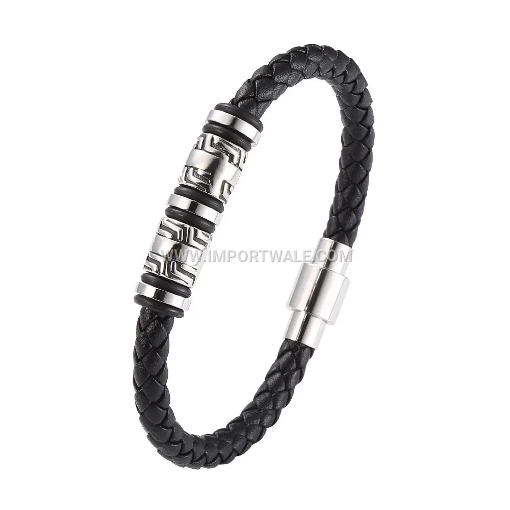 Casual Leather Bracelet Featuring Stainless Steel Beads Accent