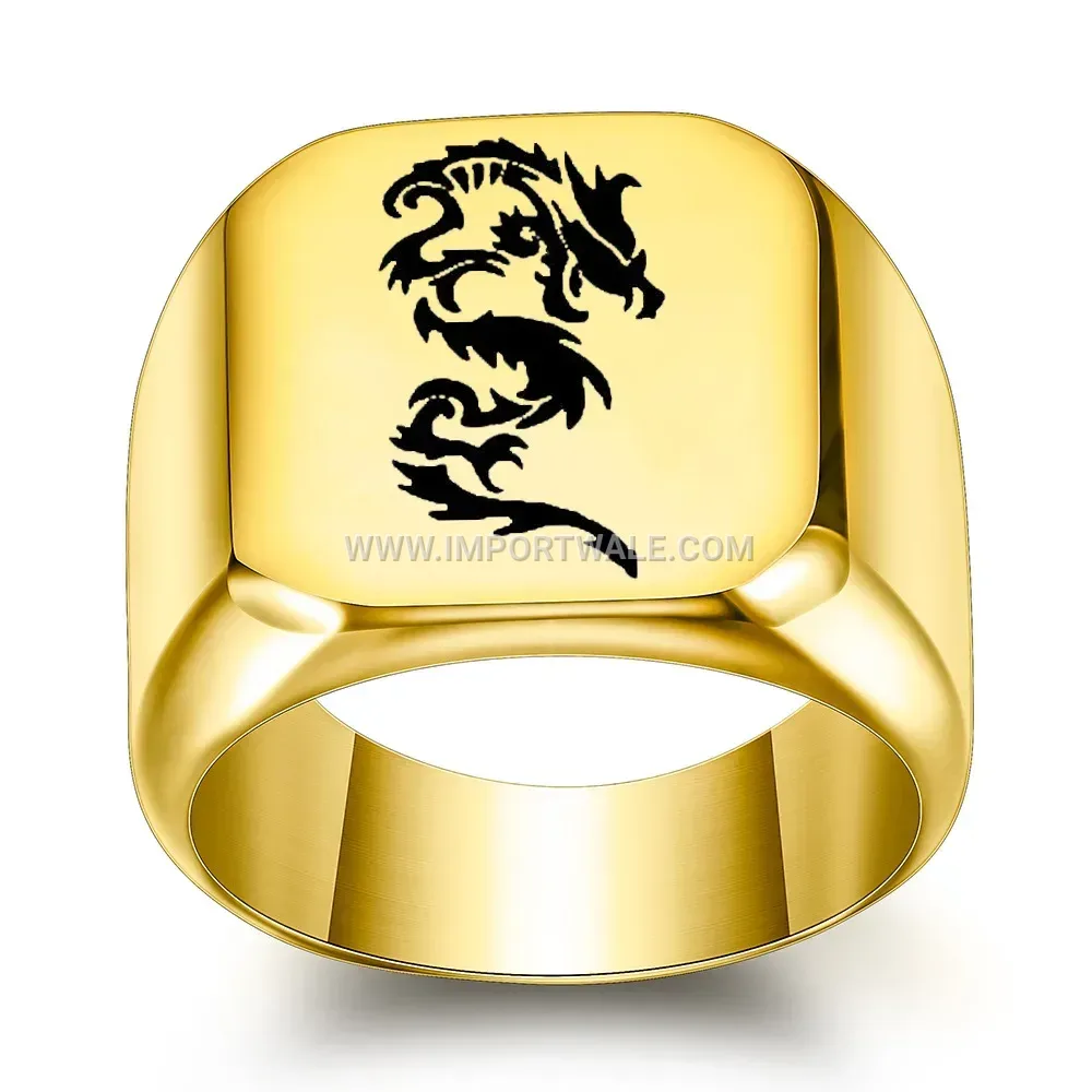 Engraved Dragon Stainless Steel Square Signet Ring