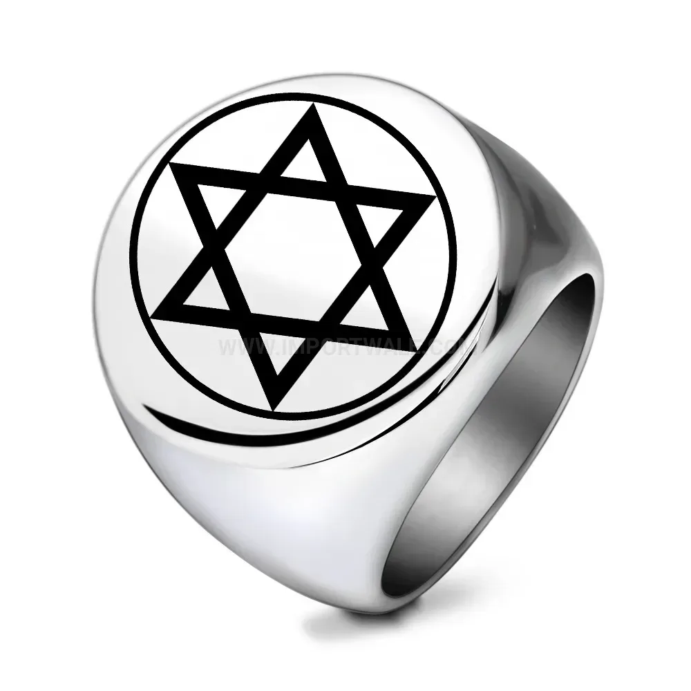 Premium Laser Engraved Hexagram Vintage Stainless Steel Round Signet Ring