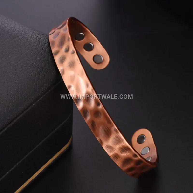 Vintage Hammered Copper Magnetic Open Cuff Bracelet