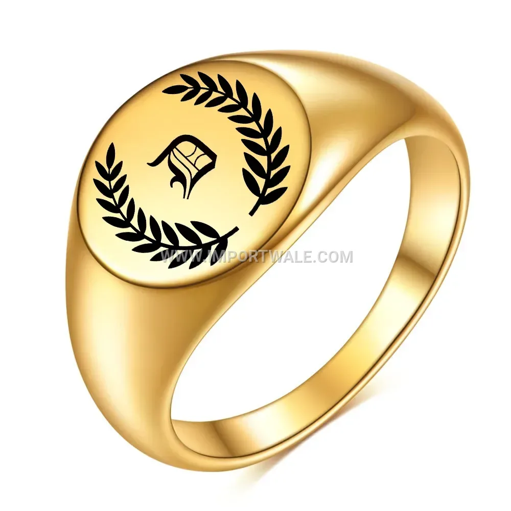 Laser Engraved Leaf Initial 18K Gold Plated Stainless Steel Ring