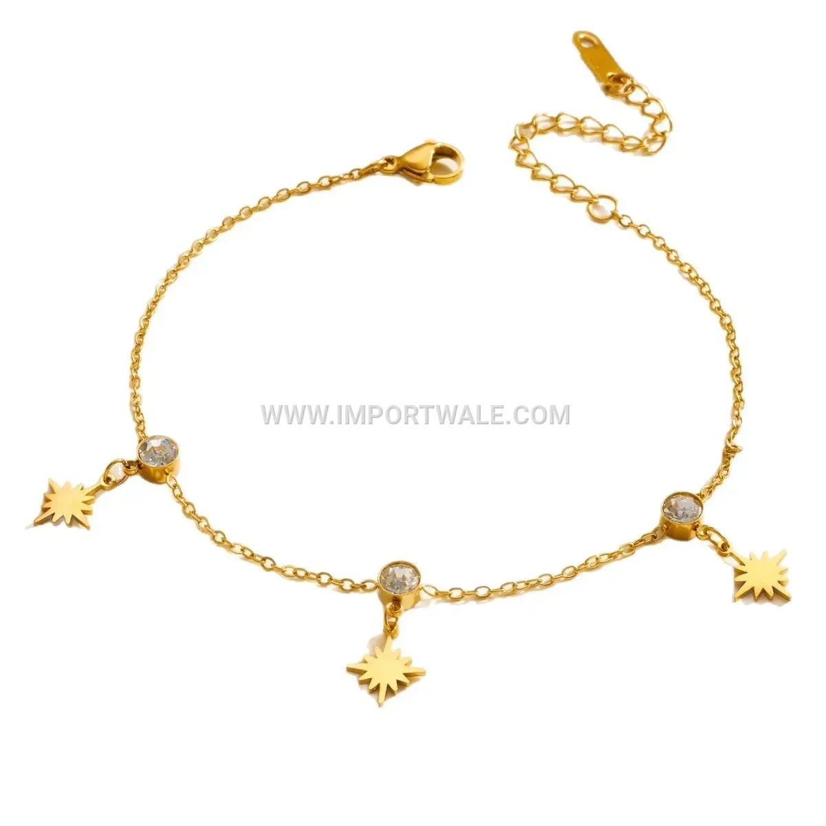 Gold Stainless Steel Celestial Star Burst Charm Anklet