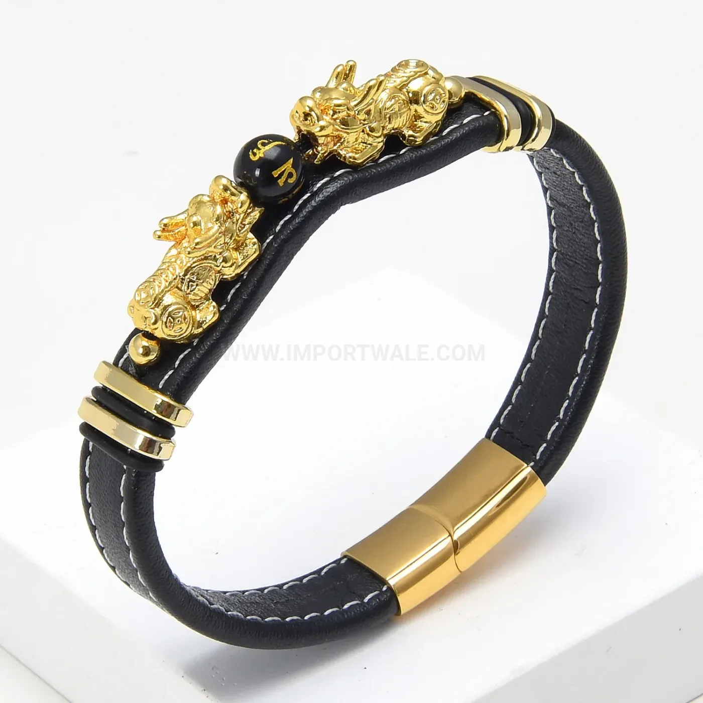 Men Retro Woven Leather Pixiu Bracelet With Natural Stone Accent