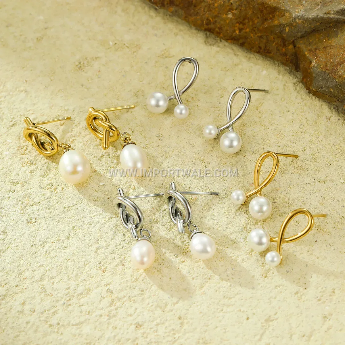 Gold Plated Stainless Steel Knotted Stud Earrings with Natural Stone