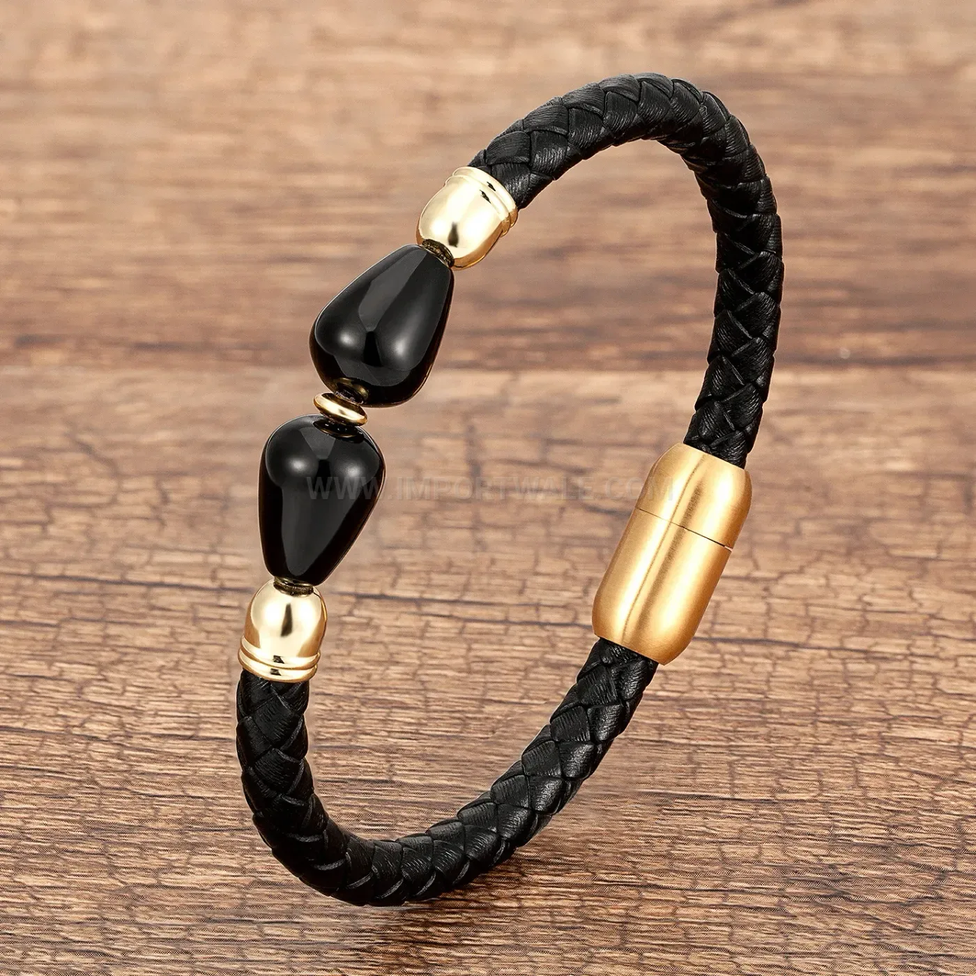 Minimalist Stone and Woven Leather Bracelet with Steel Clasp