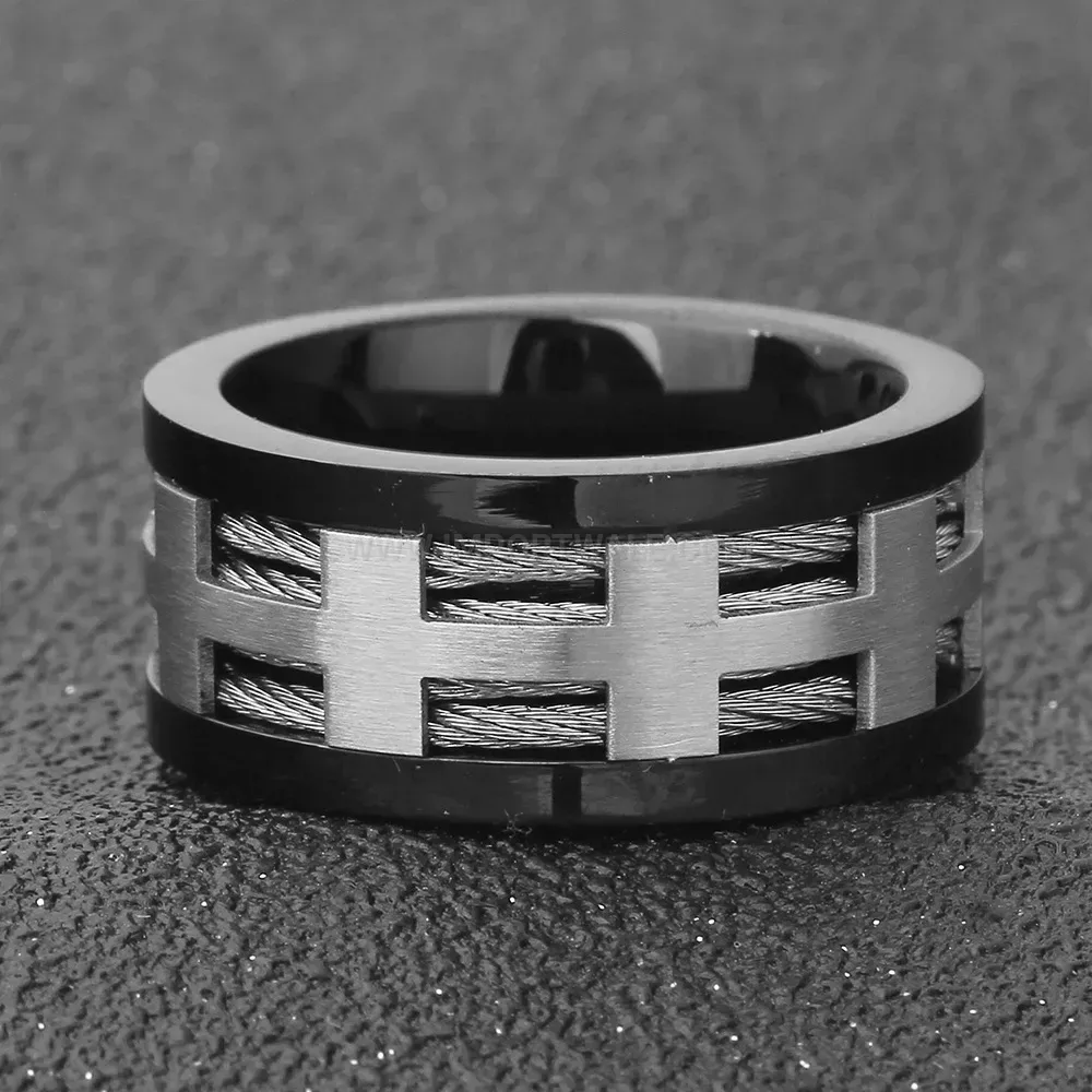 Chic Industrial 10mm Black Wire Cable Inlay Stainless Steel Ring