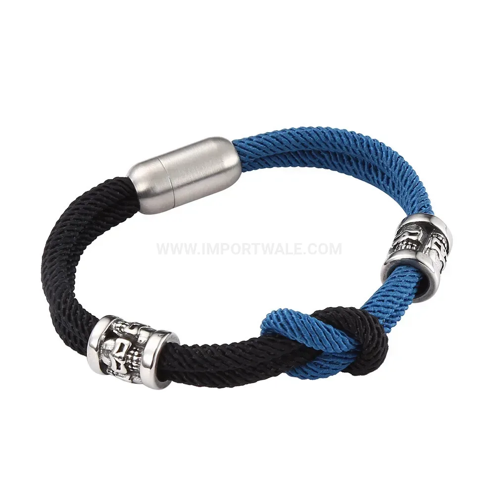 Double-Layer Blue and Black Leather Stainless Steel Bracelet