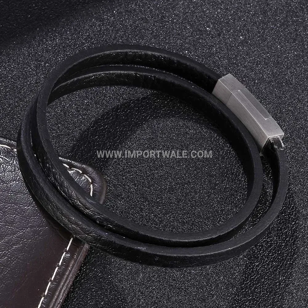 Multi Layer Black Leather Men Bracelet with Stainless Steel Accents