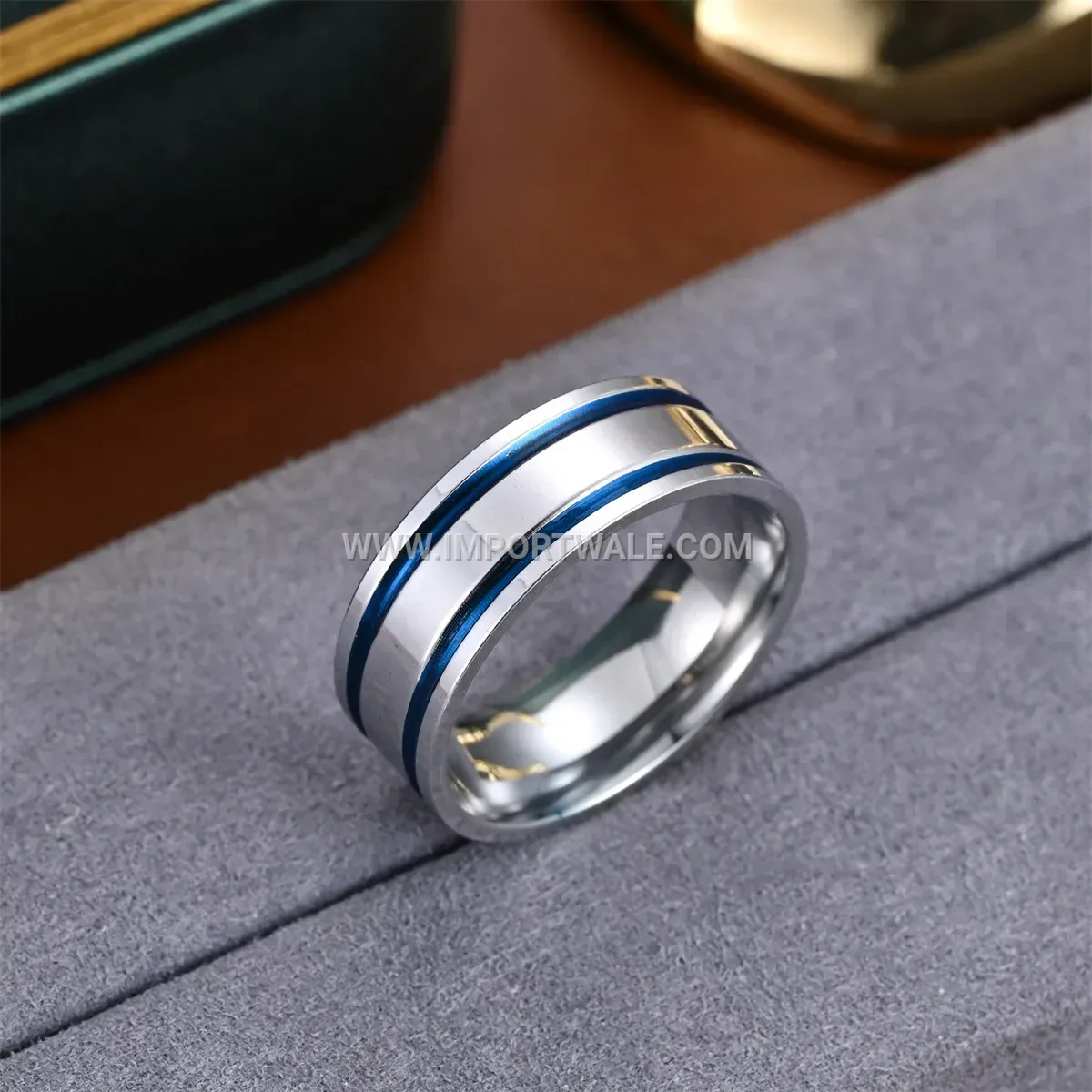 Blue Dual Line Inlay Stainless Steel Men Band Ring