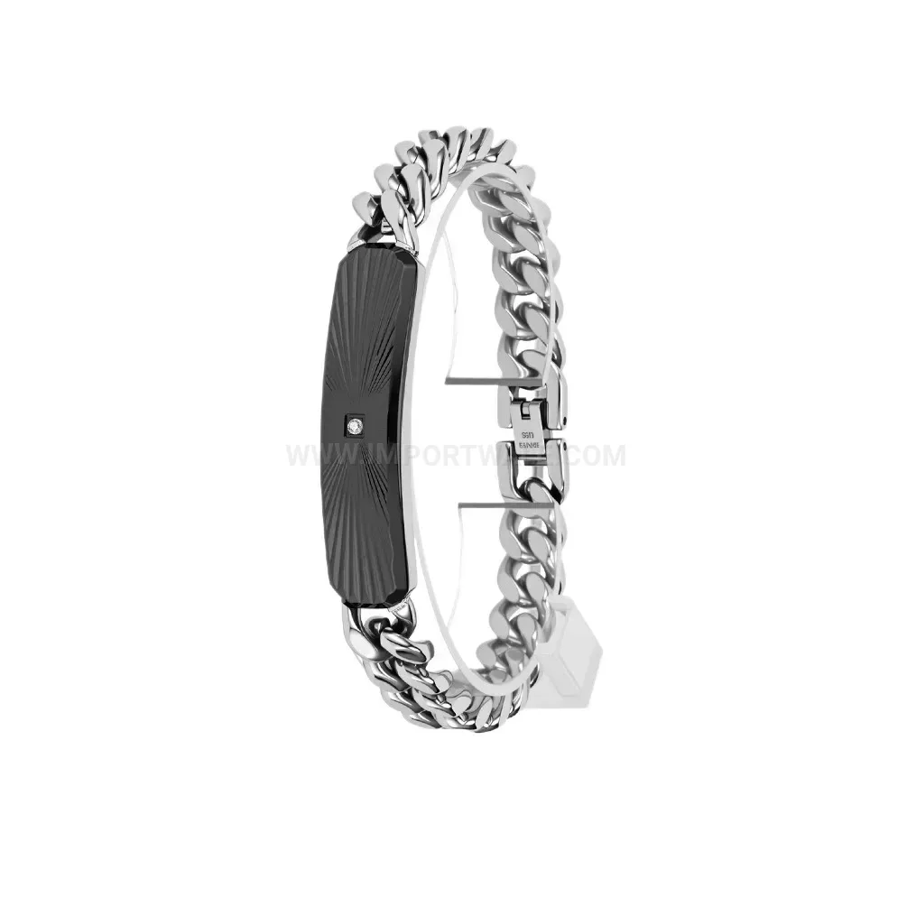 Cuban Link Stainless Steel Rhinestone Beveled Plate Bracelet