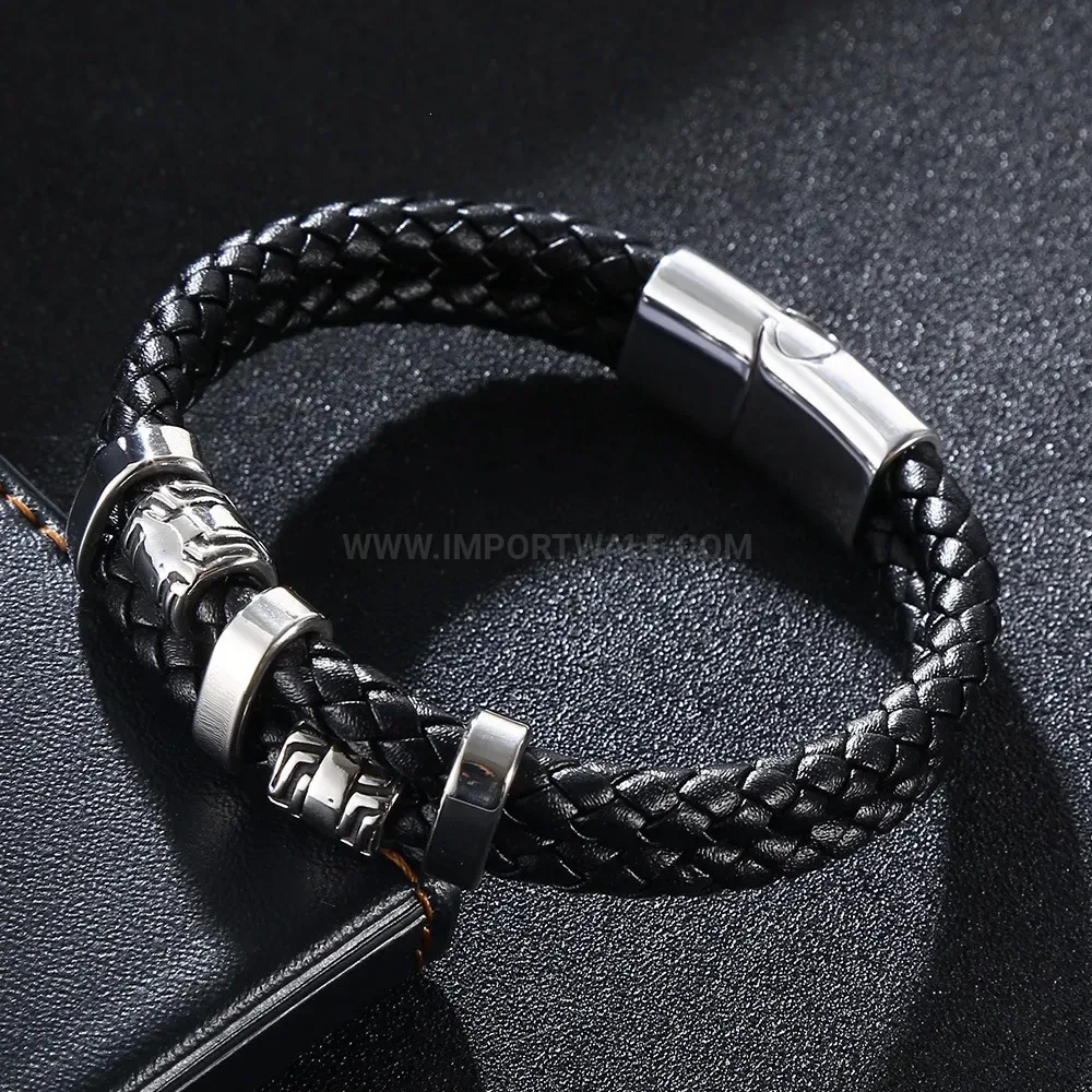 Multi Layer Braided Leather Stainless Steel Bracelet