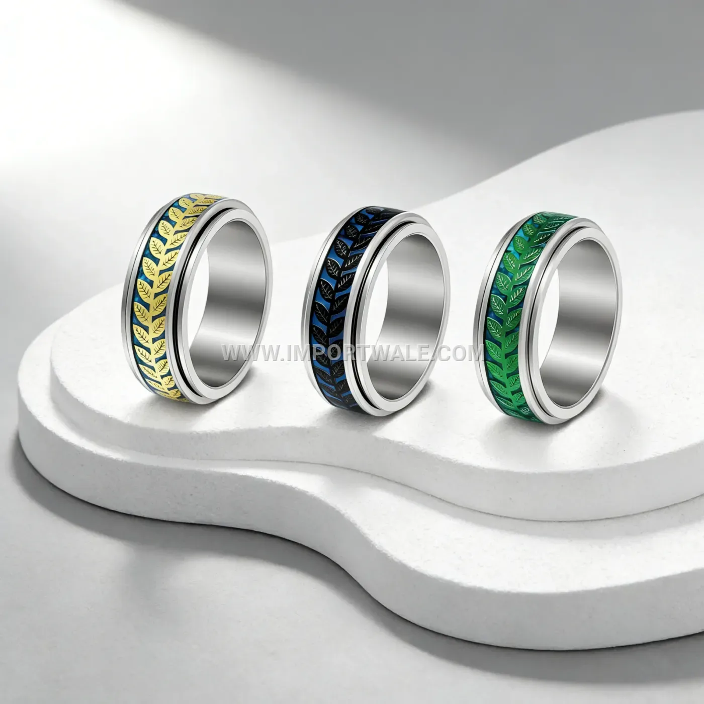 Spinning Olive Leaf Motif Stainless Steel Ring