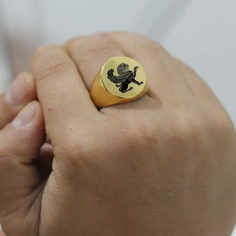 Designer Engraved Griffin Crest Stainless Steel Signet Ring