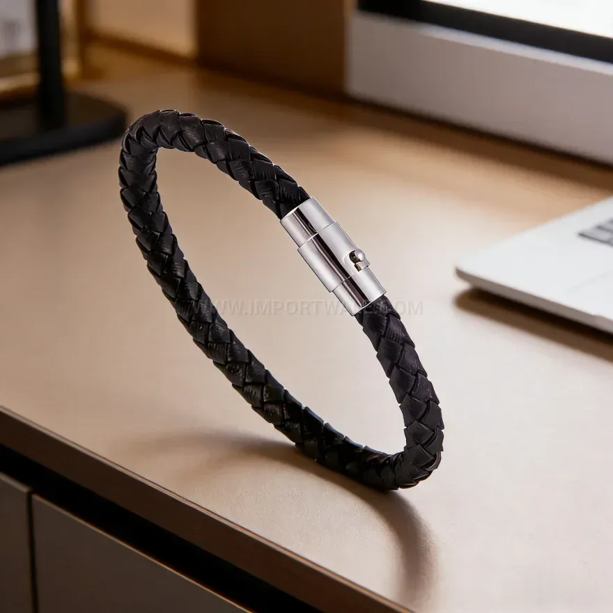 Elegant Minimalist Woven Leather Wristband with Magnetic Clasp