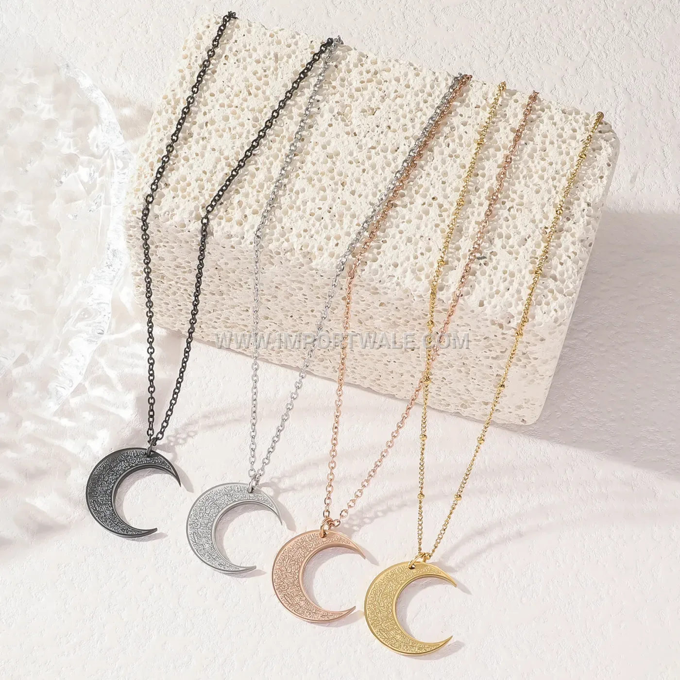 Double Sided Engraved Moon Ayatul Kursi Stainless Steel Pendant Necklace